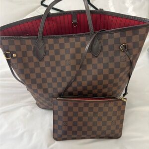 Louis Vuitton Brown Checkered Tote with Red Interior